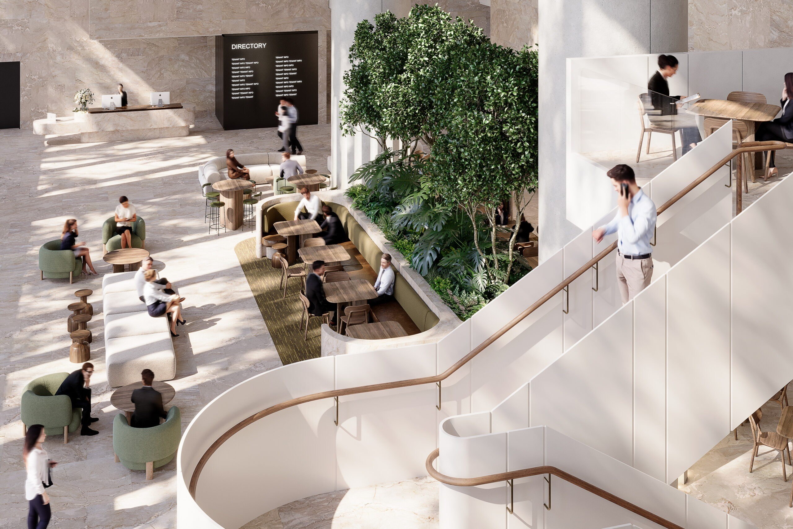 Modern multi-level office atrium with curved staircases, green living wall, seating areas, and people working across different floors.