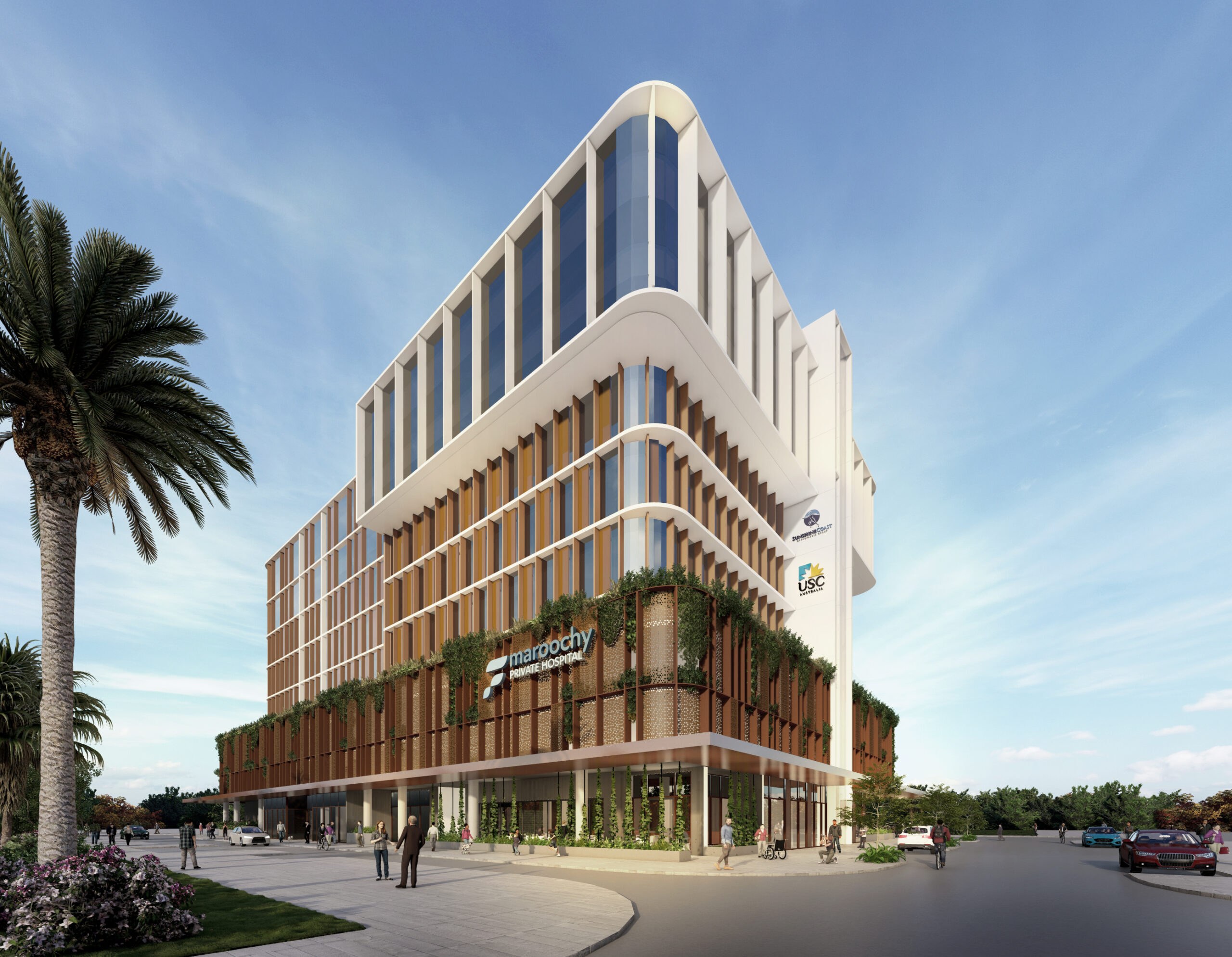 Modern curved building with cream and bronze facades, vertical louvers, ground-level greenery, palm tree, and plaza with pedestrians.