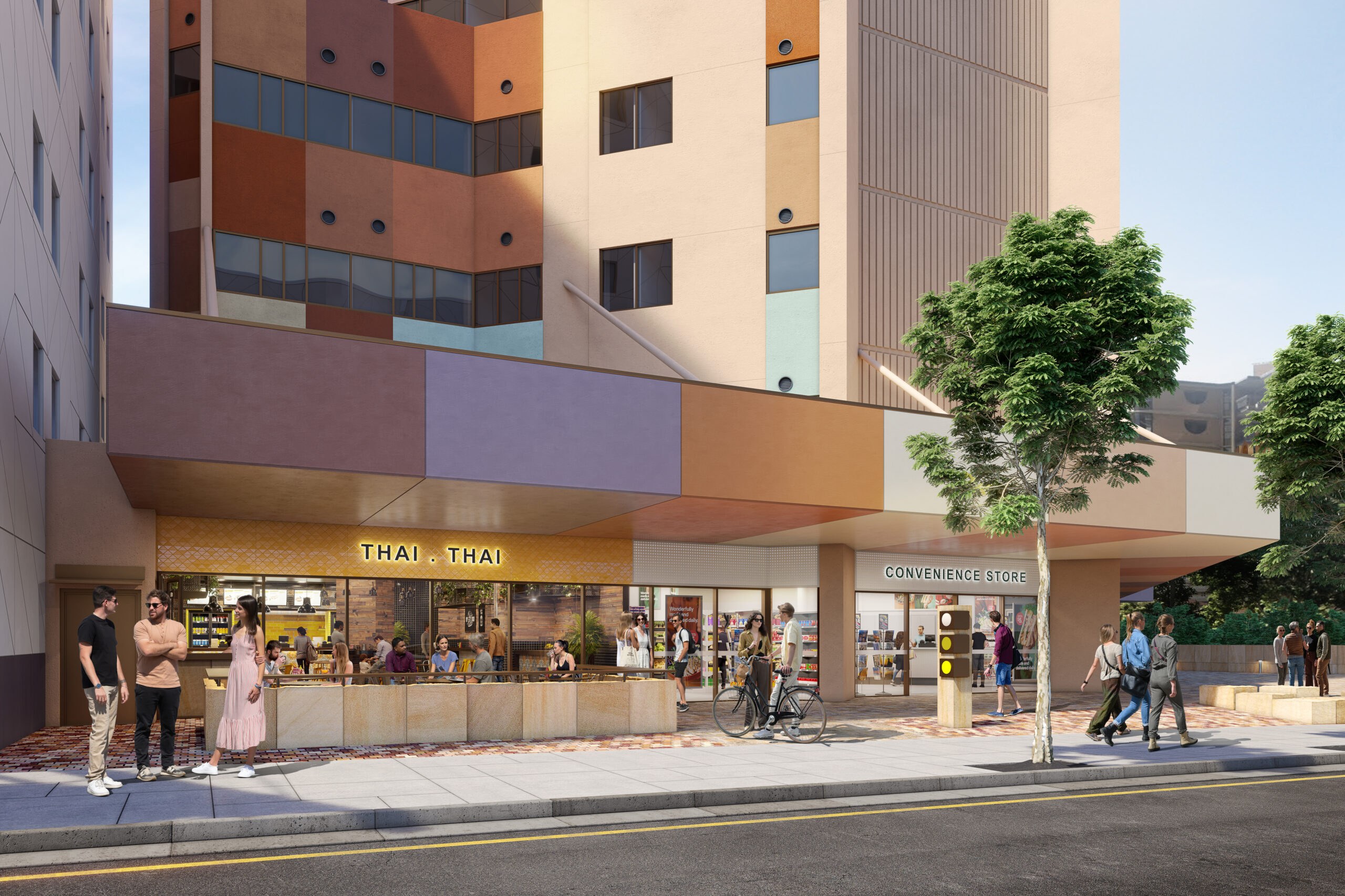 Architectural rendering of mixed-use development with Thai restaurant and convenience store at street level, colorful residential tower above.