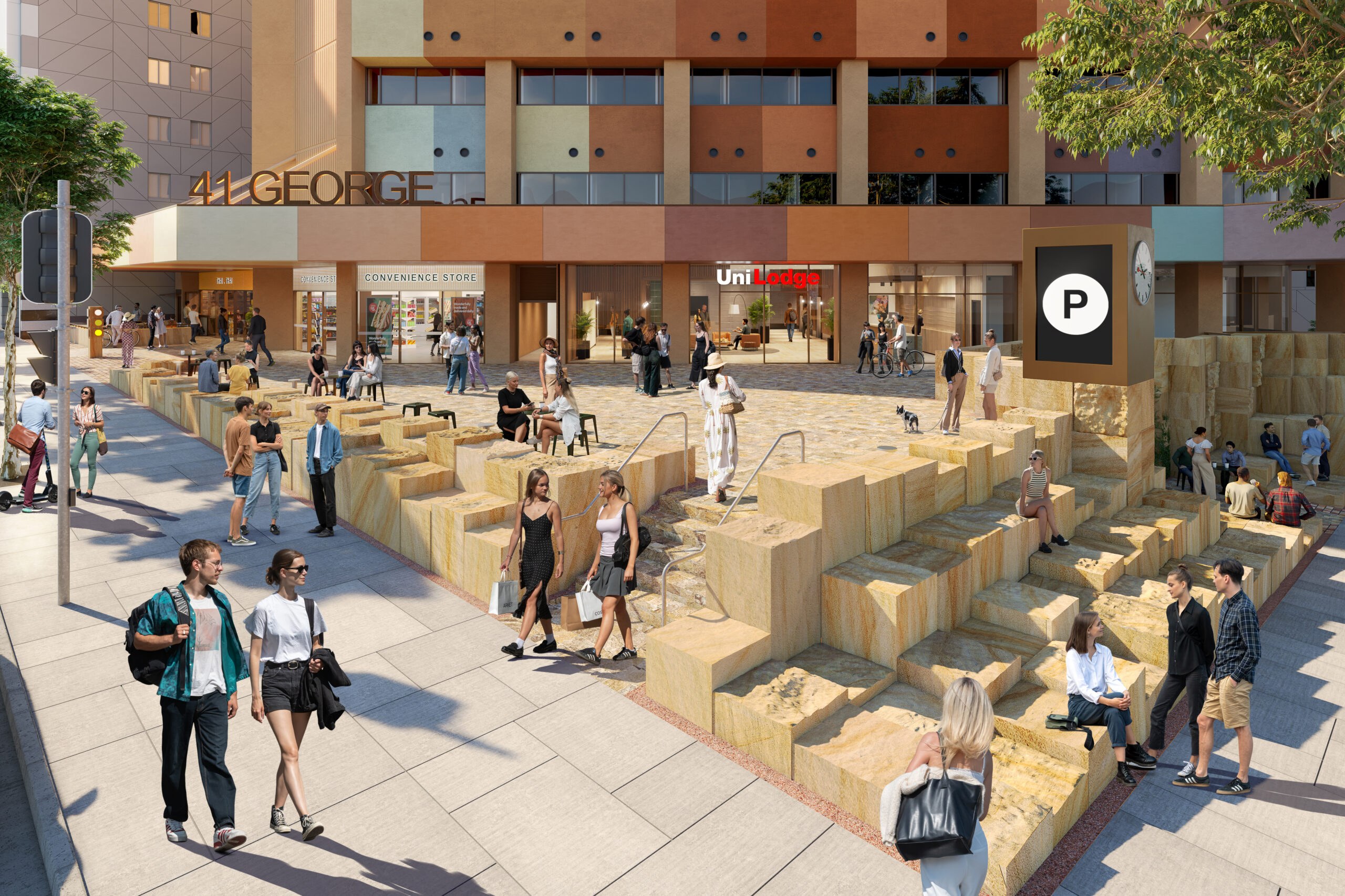 Architectural rendering of 411 George mixed-use plaza with tiered stone seating, pedestrians, retail storefronts, and parking sign.