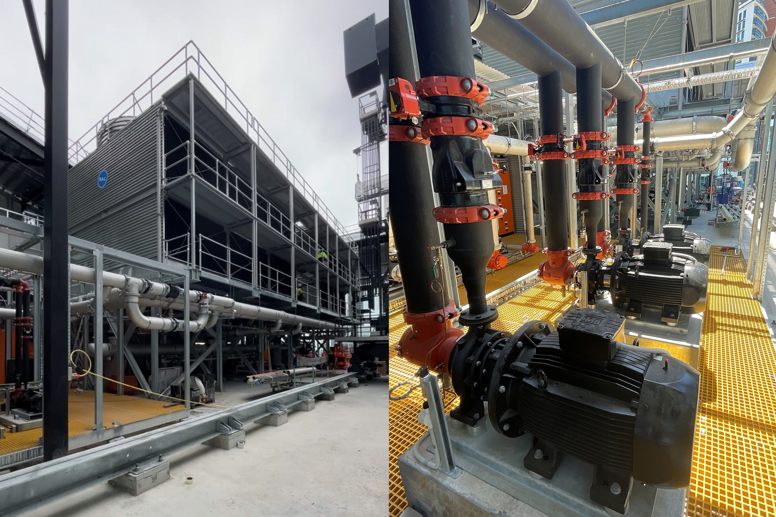 Industrial facility with red and black pump equipment on yellow safety flooring and large gray structural building exterior.